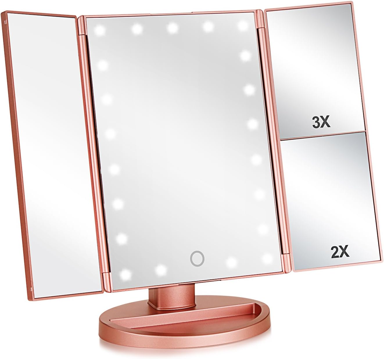 Tri-fold Lighted Vanity Makeup Mirror with 3x and 2x Magnification, 21 LEDs Light and Touch Screen, 180 Degree Free Rotation Countertop Cosmetic Mirror